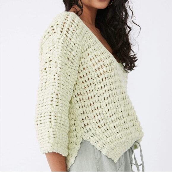 Free‎ People Cozy Pullover Sweater Sugared Mint Sz S Open Knit Cropped Crochet - Picture 3 of 10